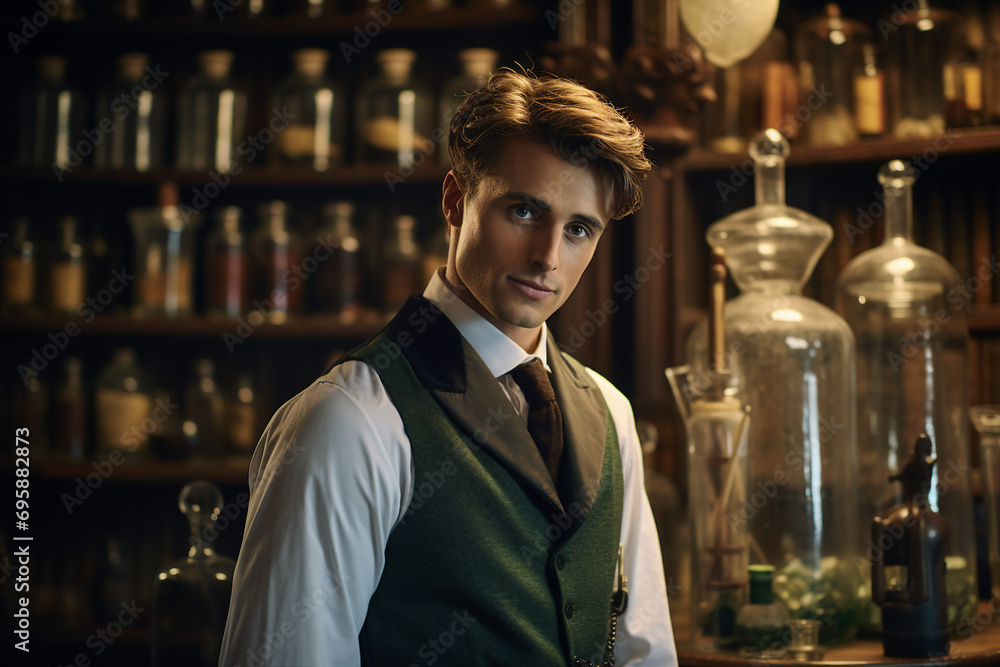 AI generated surreal portrait of mysterious handsome man working in an apothecary AI generated surreal portrait of mysterious handsome man working in an apothecary