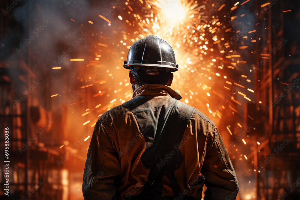 Man on industry iron factory looking on welding metal light sparks generative AI Man on industry iron factory looking on welding metal light sparks generative AI