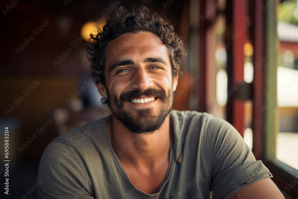 Cheerful attractive man model on city street on summer sunny day generative ai