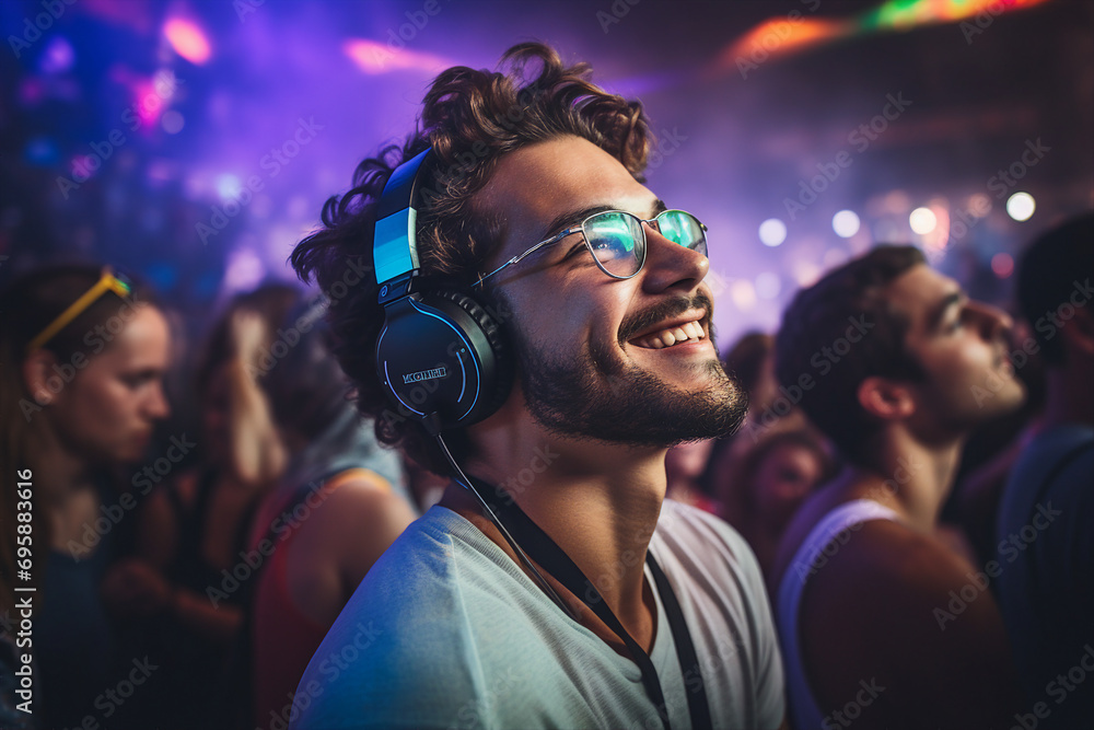 Generative AI image photo of cheerful happy person listening music enjoying favorite songs Generative AI image photo of cheerful happy person listening music enjoying favorite songs