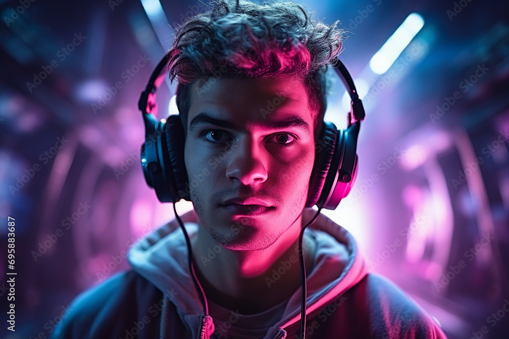 Generative AI picture of nice happy man enjoying listening to music on neon illuminated background Generative AI picture of nice happy man enjoying listening to music on neon illuminated background
