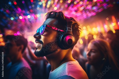 Generative AI image photo of cheerful happy person listening music enjoying favorite songs © Tetiana
