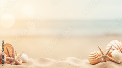 Seashells on sand background with copy space banner © Black