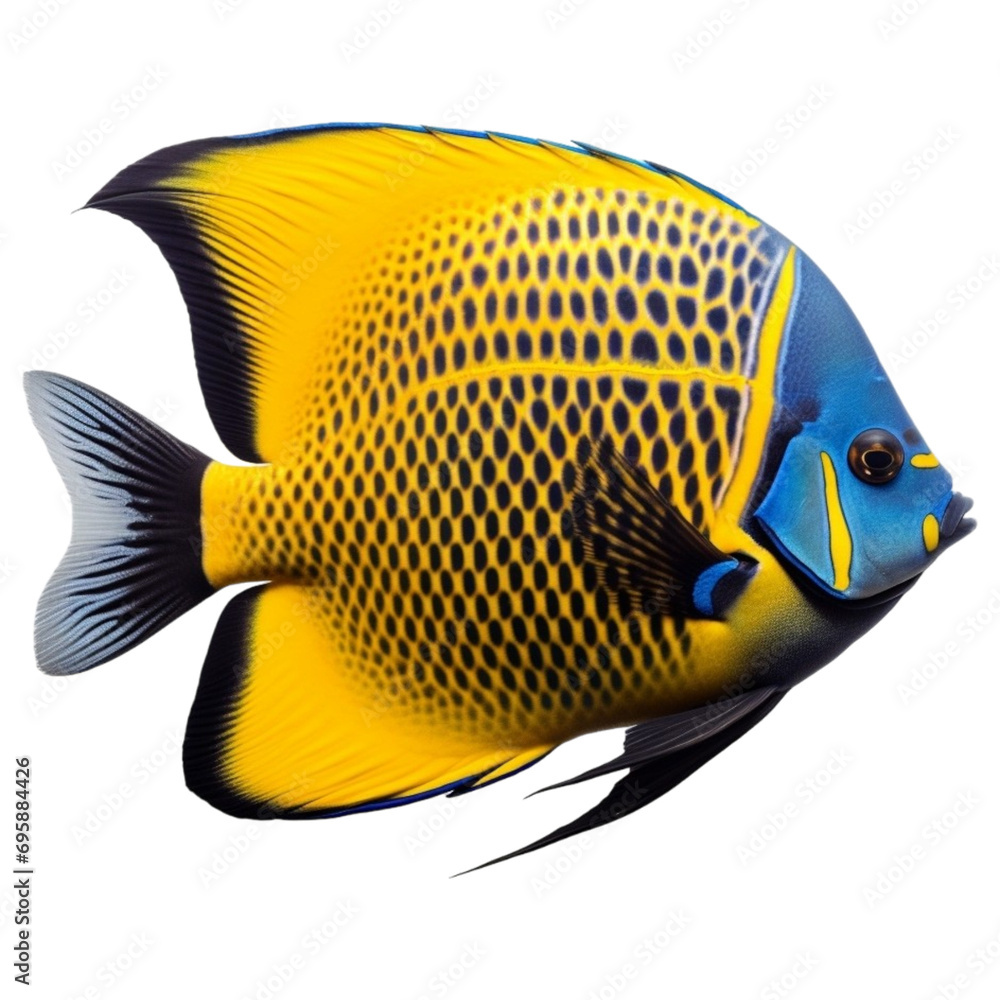 Naklejka premium A blue and yellow fish is seen on a transparent background