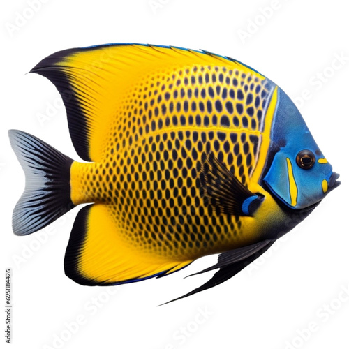 A blue and yellow fish is seen on a transparent background