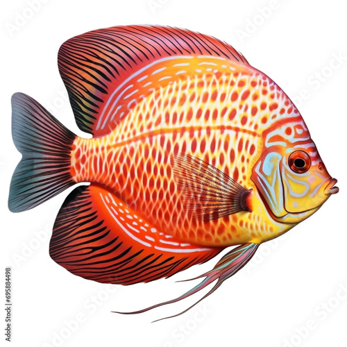 discus fish is portrayed on a white background, in the 