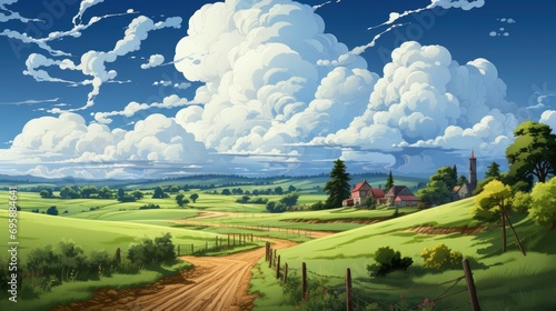 Amazing Clouds Over Landscape American Midwest, Background Banner HD, Illustrations , Cartoon style