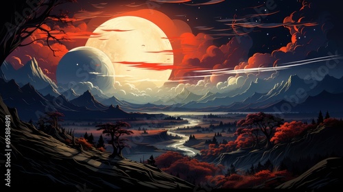 Amazing Space Planet Mars Landscape Mountains, Background Banner HD, Illustrations , Cartoon style