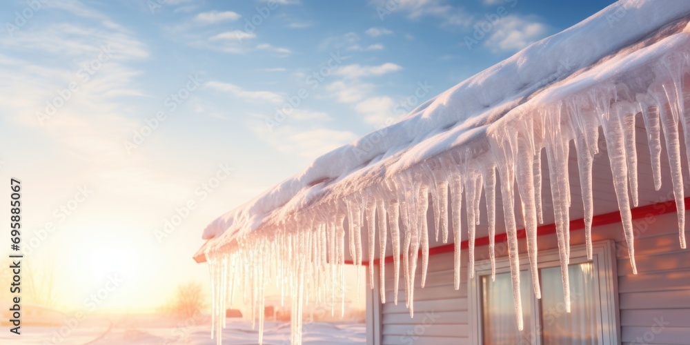 Icicles hanging from the roof of a house - obrazy, fototapety, plakaty 