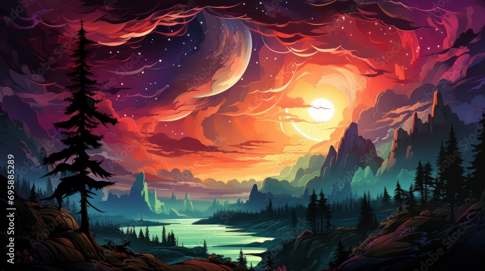 Fototapeta premium Aurora Borealis Over Ocean Northern Lights, Background Banner HD, Illustrations , Cartoon style