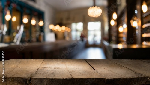 blurred background of bar and dark brown desk space of retro wood © Kira