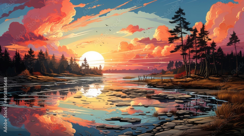 Baltic Sea Sunset Clear Sky Blue, Background Banner HD, Illustrations , Cartoon style - obrazy, fototapety, plakaty 