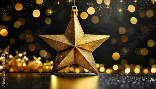 golden christmas star on bokeh black background xmas card with gold star shining discretely on a dark wall setting seasonal greetings invitation festivity luxury photo