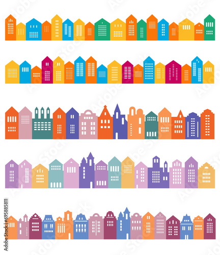 Urban Abstract background. Set of Amsterdam style houses.  Stylized facades of buildings in old European view. 