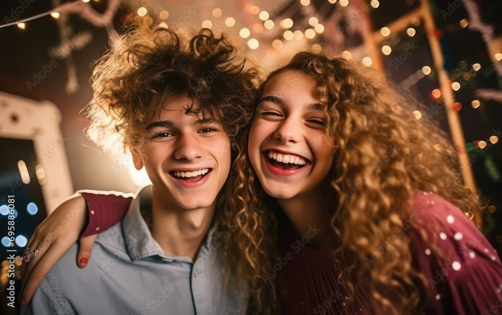 young couple, are laughing and joyful dancing at party