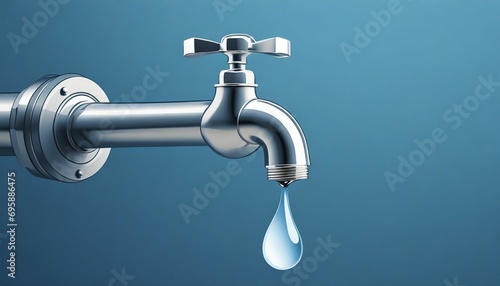 classical silver water tap faucet dripping a large water droplet on blue background in minimalism illustration of the concept of saving water and pipe leakage photo