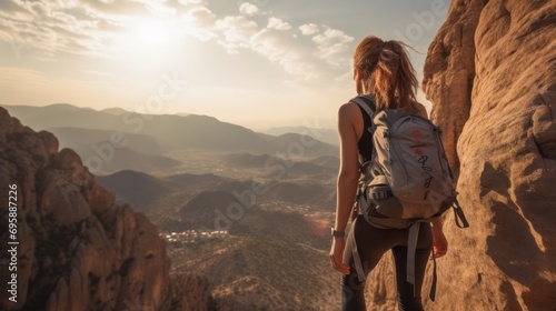 Woman Mountain Climbing in the Radiant Sunset Light