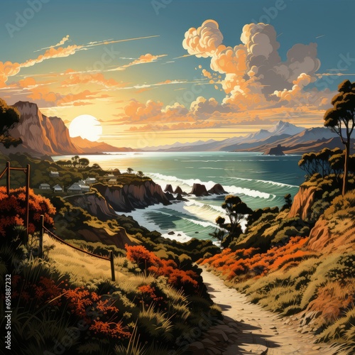 Beautiful Warm New Zealand Scene, Background Banner HD, Illustrations , Cartoon style