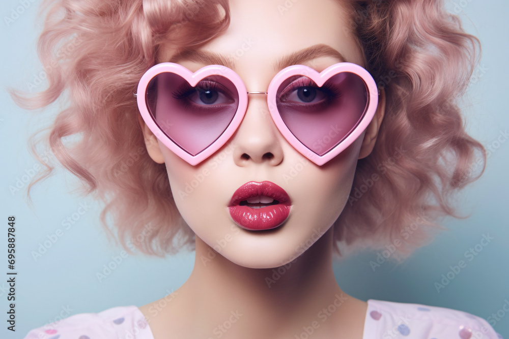 Beautiful woman with heart shaped glasses in front of blue studio backgund Beautiful woman with heart shaped glasses in front of blue studio backgund