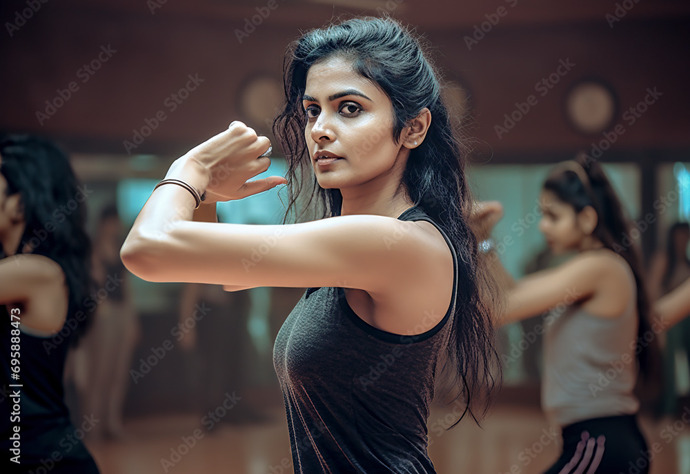 Fototapeta premium woman in a dance class, moves among others reflected in a mirror in a warmly-lit studio, ai generative