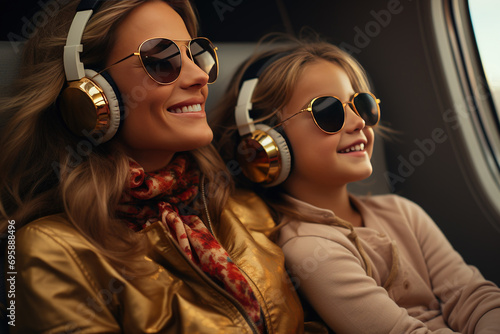 Rich mother with daughter in sunglasses listening music and having fun on private jet