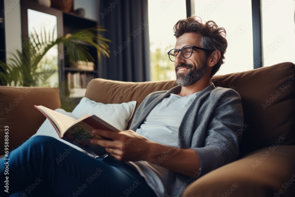 A young man relaxing at home sits on the sofa reading a book