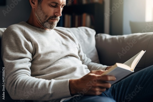 A young man relaxing at home sits on the sofa reading a book