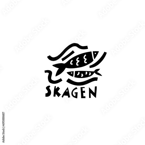 Vector Hand Drawn Denmark Label. Travel Skandinavian Illustration. Hand Writen Lettering Illustration. Danish Symbol Logo
