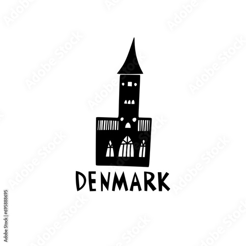 Vector Hand Drawn Denmark Label. Travel Skandinavian Illustration. Hand Writen Lettering Illustration. Danish Symbol Logo