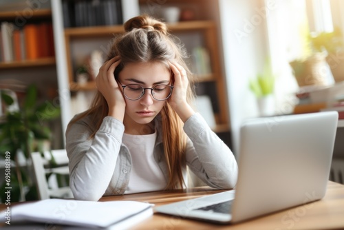 young female student who are tired of doing homework at their desks at home Tired woman with irritability and stress photo