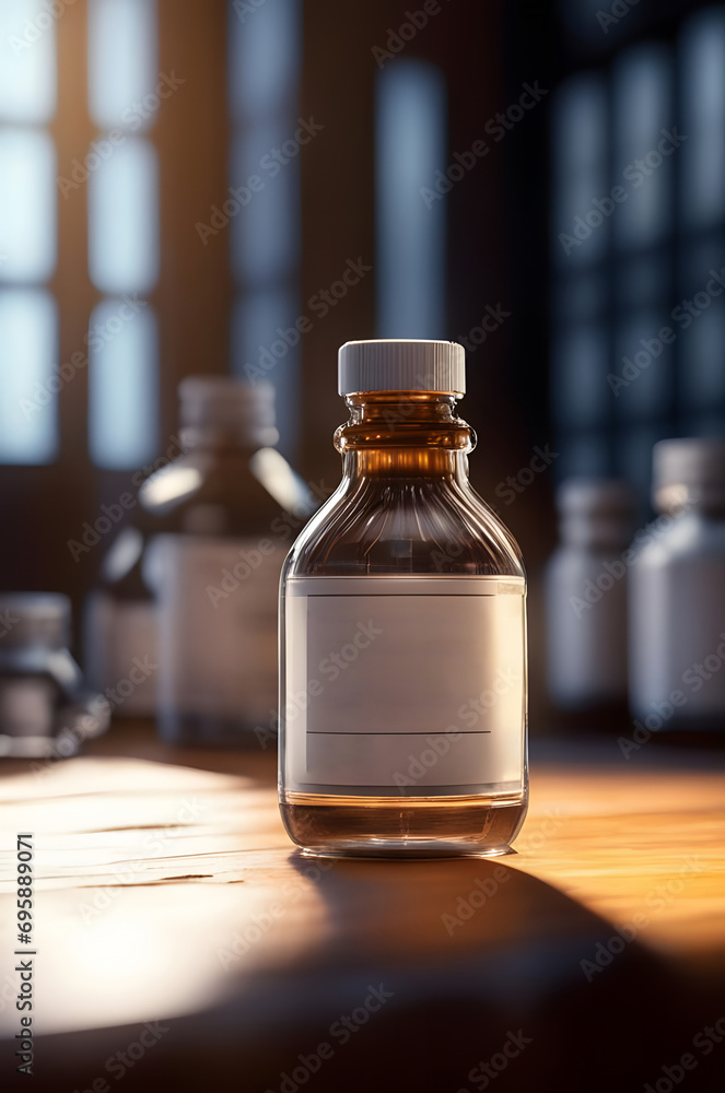 Medicine bottles on the table in the laboratory. Medicine concept. Medicine bottles on the table in the laboratory. Medicine concept.