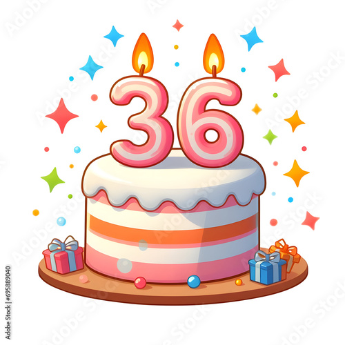 36 year old birthday cake or 36 year anniversary cake celebration with balloons and party decoration transparent background