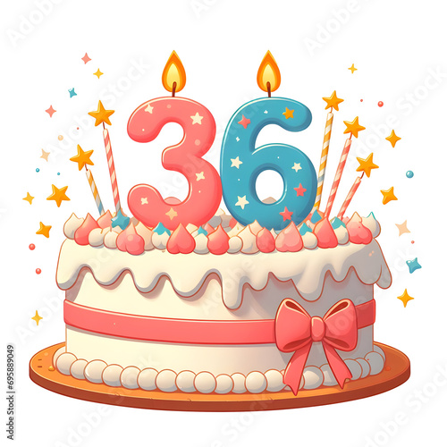 36 year old birthday cake or 36 year anniversary cake celebration with balloons and party decoration transparent background