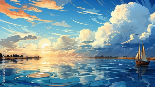 Blue Sea Cloudy Sky Over Ukrainian, Background Banner HD, Illustrations , Cartoon style