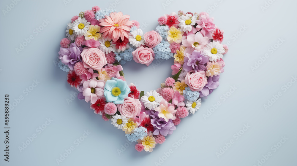 heart shape frame made of pastel color flowers isolated on background as valentines day card