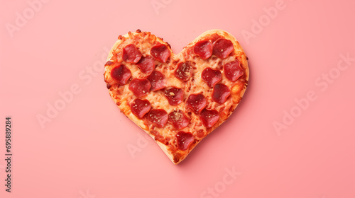 heart shaped pizza for valentines day isolated on pink background. copy space