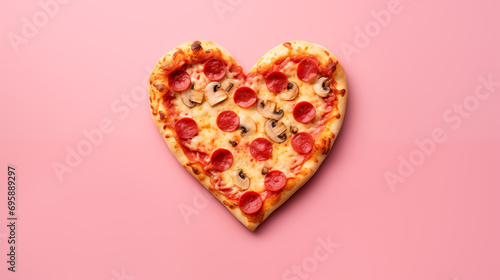 heart shaped pizza for valentines day isolated on pink background. copy space