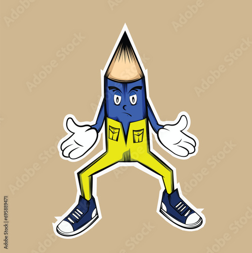 create a cute cartoon pencil trying to survive the dawn attack