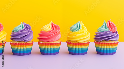 rainbow color cupcakes set isolated on a bright background. happy pride month concept. lgbt+ topic background. beautiful natural light photo