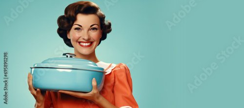 Happy 1950s Housewife Holding a Casserole Dish with Space for Copy