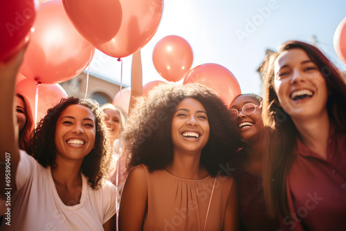 Group of young women having fun with red balloons on a sunny day ai generated art