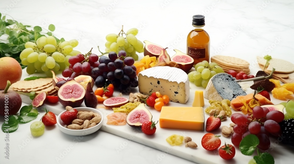 A symmetrical arrangement of colorful fruit platters, cheese assortments, and freshly baked bread on a white marble surface, presenting an elegant image of appetizing and diverse culinary delights A symmetrical arrangement of colorful fruit platters, cheese assortments, and freshly baked bread on a white marble surface, presenting an elegant image of appetizing and diverse culinary delights