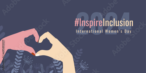 International women's day 2024 InspireInclusion vector banner template with heart hands sign. 8 march, IWD, women's history month celebration background, landing page
