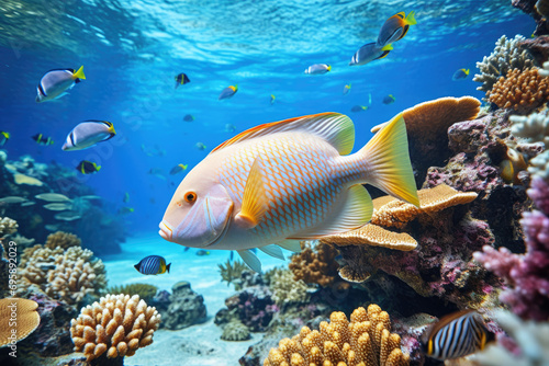 Underwater with colorful sea life fishes and plant at seabed background, Colorful Coral reef landscape in the deep of ocean. Marine life concept, Underwater world scene.