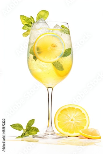 Summer Refreshing drink with ice, lemon and mint. Cold lemonade