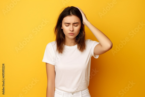 Young sad sick tired exhausted Caucasian woman wear white blank t-shirt casual clothes put hand on forehead look camera isolated on plain yellow orange background studio portrait. Lifestyle concept