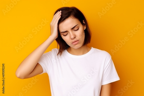 Young sad sick tired exhausted Caucasian woman wear white blank t-shirt casual clothes put hand on forehead look camera isolated on plain yellow orange background studio portrait. Lifestyle concept © Ajit