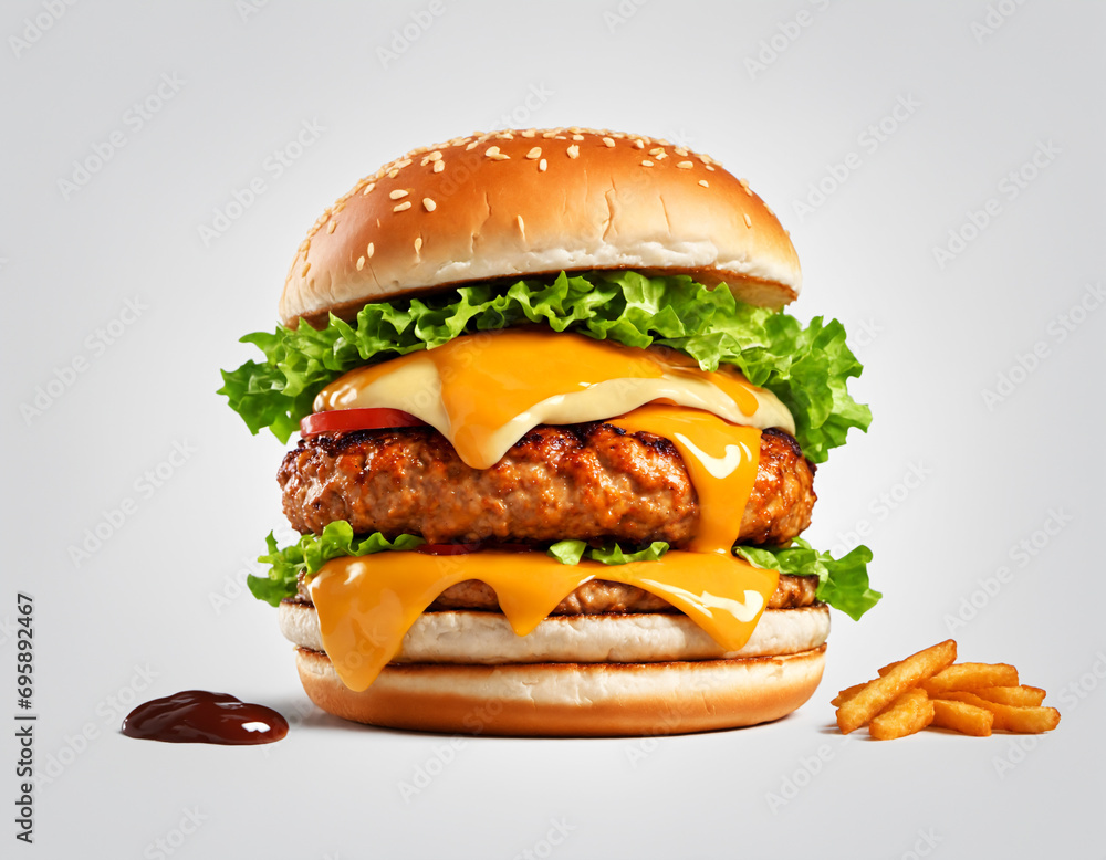 A mouthwatering burger with cheese, crispy lettuce and juicy tomatoes on a toasted bun isolated on a white background. Generative AI A mouthwatering burger with cheese, crispy lettuce and juicy tomatoes on a toasted bun isolated on a white background. Generative AI