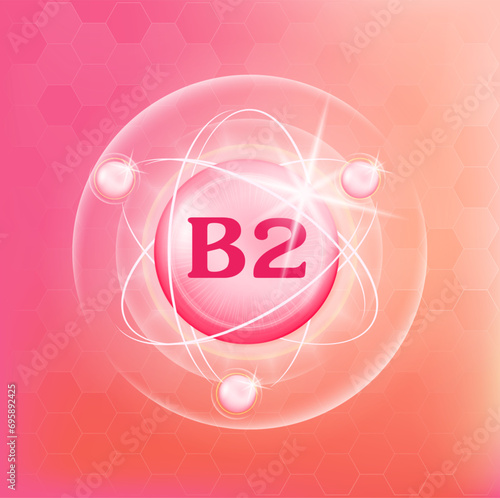 Vitamin B2 icon structure light pink substance. Medicine health symbol of thiamine. Drug business concept. Vector Illustration. 3D Vitamin complex with chemical formula. Personal care, beauty concept	