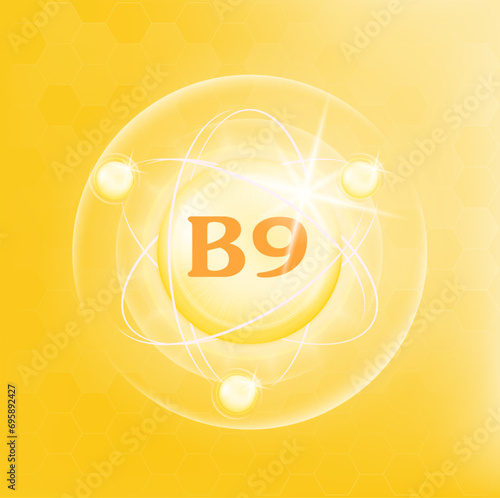Vitamin B9 icon structure yellow substance. 3D Vector Illustration. Medicine health symbol of thiamine. Drug business concept. Vitamin complex with chemical formula. Personal care, beauty concept.	